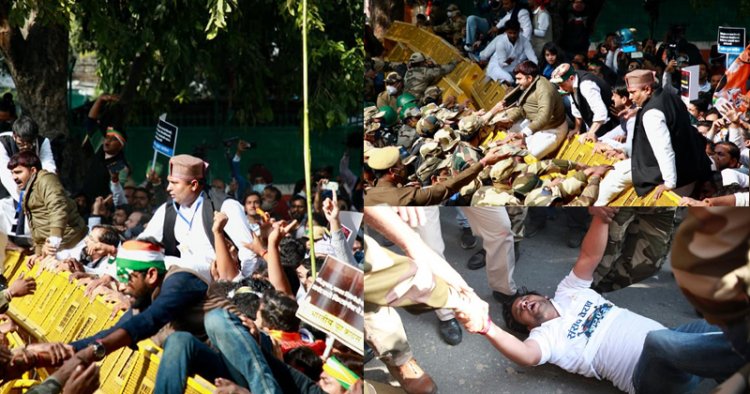 കാർഷിക നിയമങ്ങളിലും രാജ്യത്തെ തൊഴിലില്ലായ്മയിലും പ്രതിഷേധിച്ച് യൂത്ത് കോണ്‍ഗ്രസ് പാർലമെന്‍റിലേക്ക് നടത്തിയ മാർച്ചിനു നേരെ പൊലീസ് അതിക്രമം